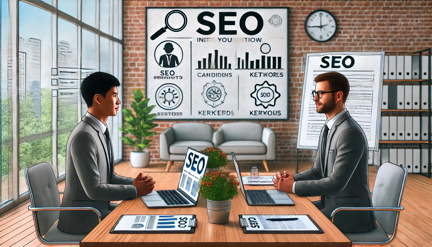 DALL·E 2024 07 18 13.22.03 An interview setting with a candidate and interviewer discussing SEO strategies with documents and laptops on the table displaying SEO graphs and dat